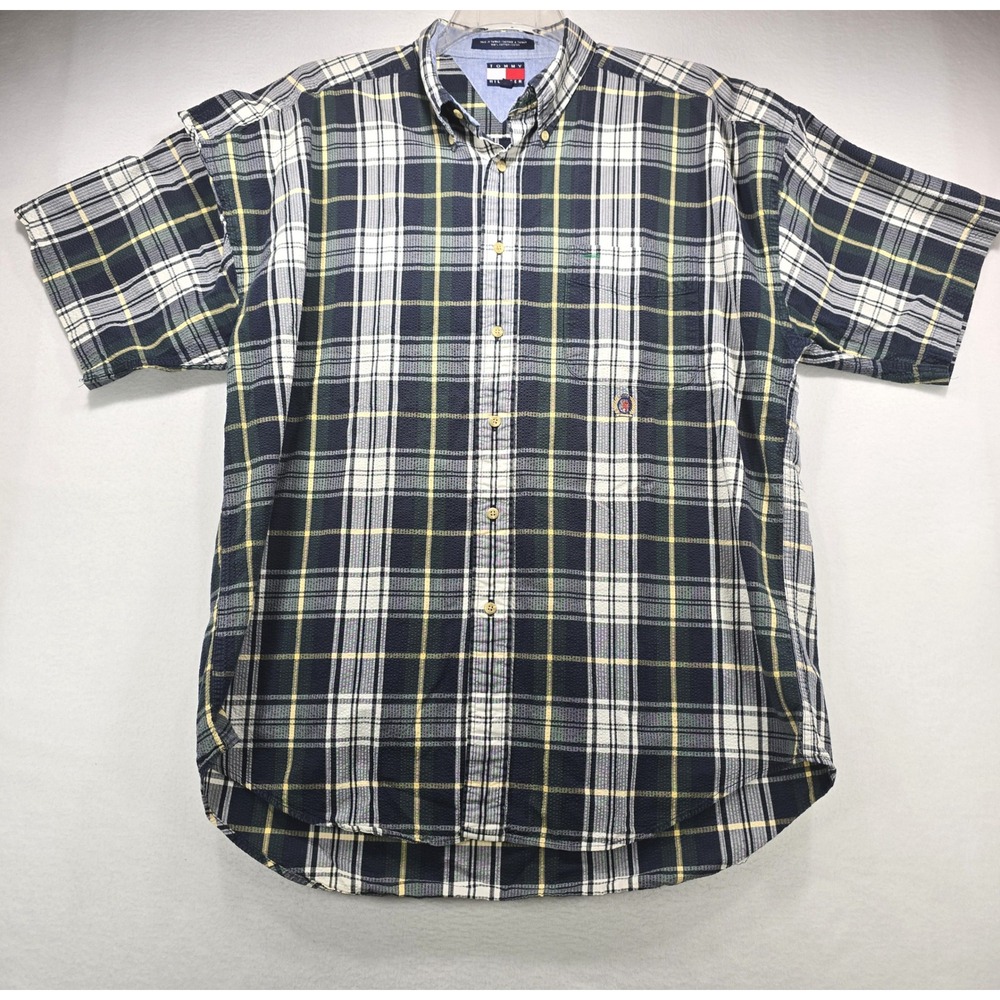 Tommy Hilfiger Mens Large Plaid Seersucker Short Sleeve Button Down Shirt Navy